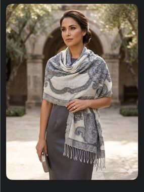 Ahujasons Gray & Cream Beaded Paisley Shawl Wrap
